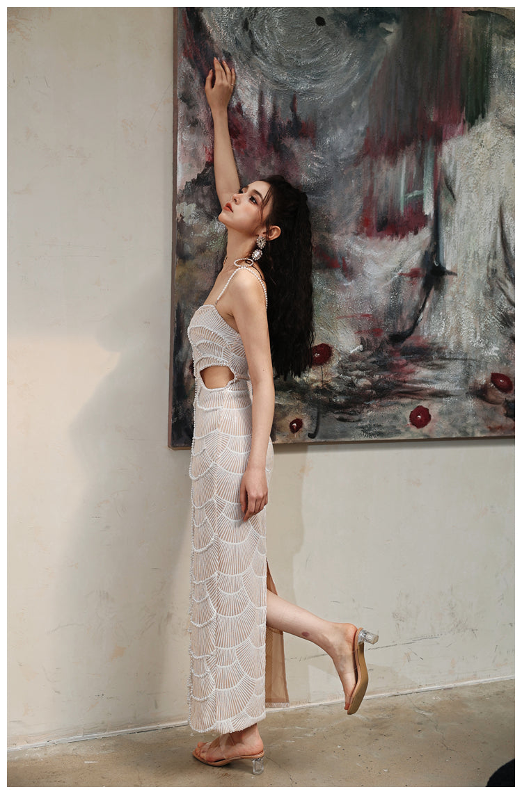 DOLLY High End Off White Sleeveless Beaded Hollow Waist Sexy Party Dress-KATHY