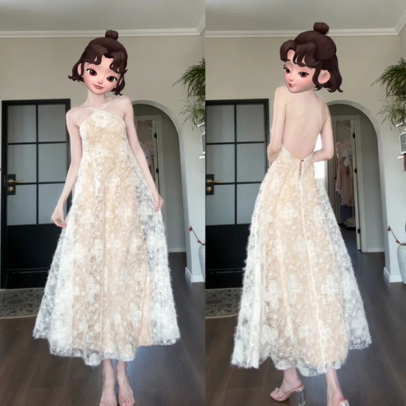 DOLLY Elegant Off White Retro Halter Neck Backless holiday Dress-JADE