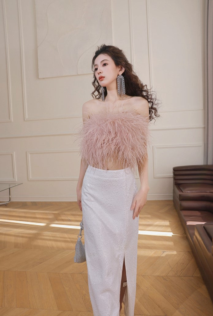 DOLLY Elegant Pink Fluffy Ostrich Feather Chic Tube Top-EMMA