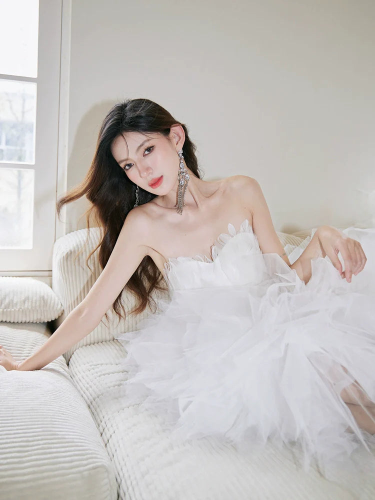 DOLLY Luxury White Feather Tube Top Sleeveless Trail Wedding Dress-ATHINA