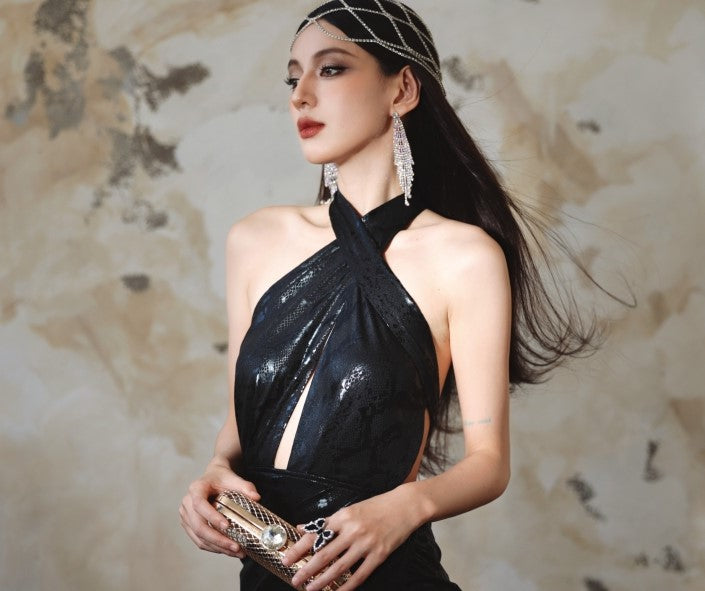 DOLLY Elegant Black Sleeveless Halter Neck Midi Slit Party Dress-Neya.