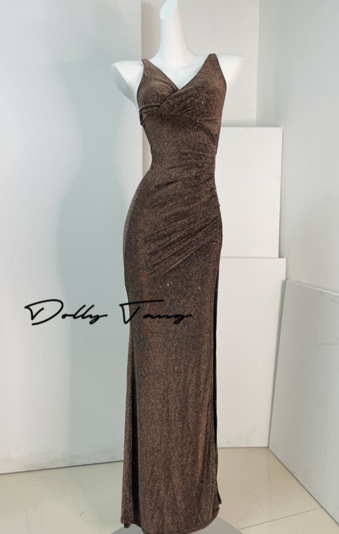 DOLLY Luxury Coffee Brown Sequin Sleeveless Long Slit Banquet Dress-Rola