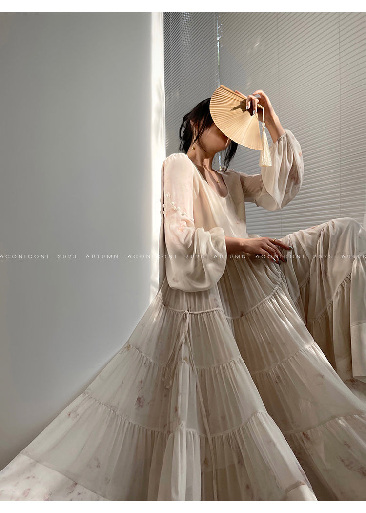 Aconiconi| French print fairy vacation loose chiffon long dress - Huanxi dream