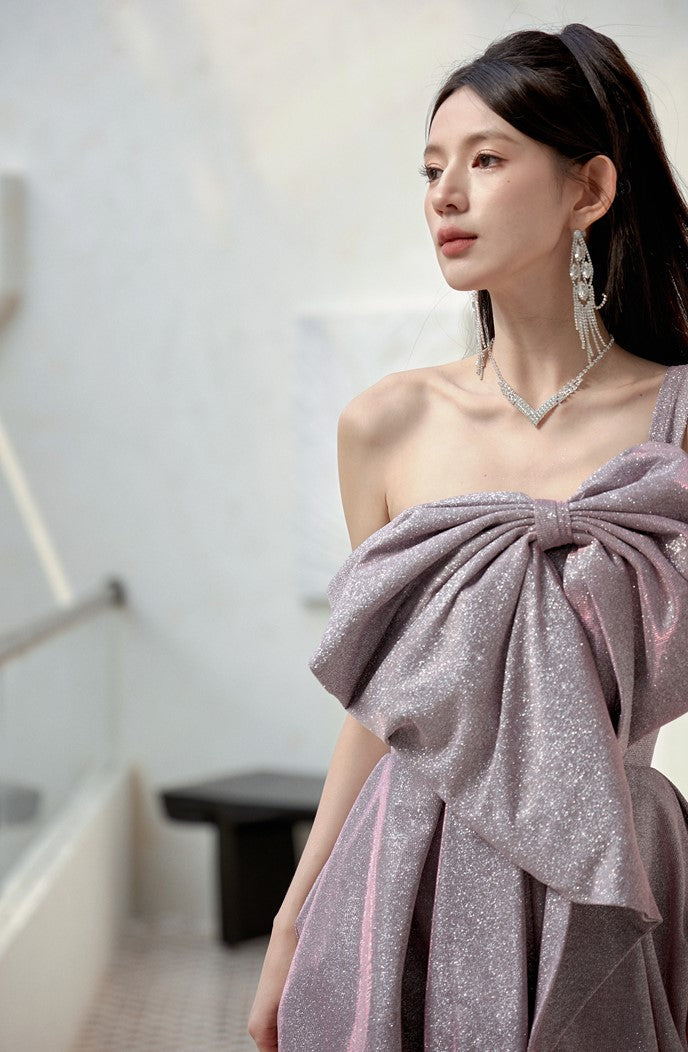 DOLLY Elegant Purple Off Shoulder Bow Sequin Long High Waist Cocktail Dress-TESSA (V)