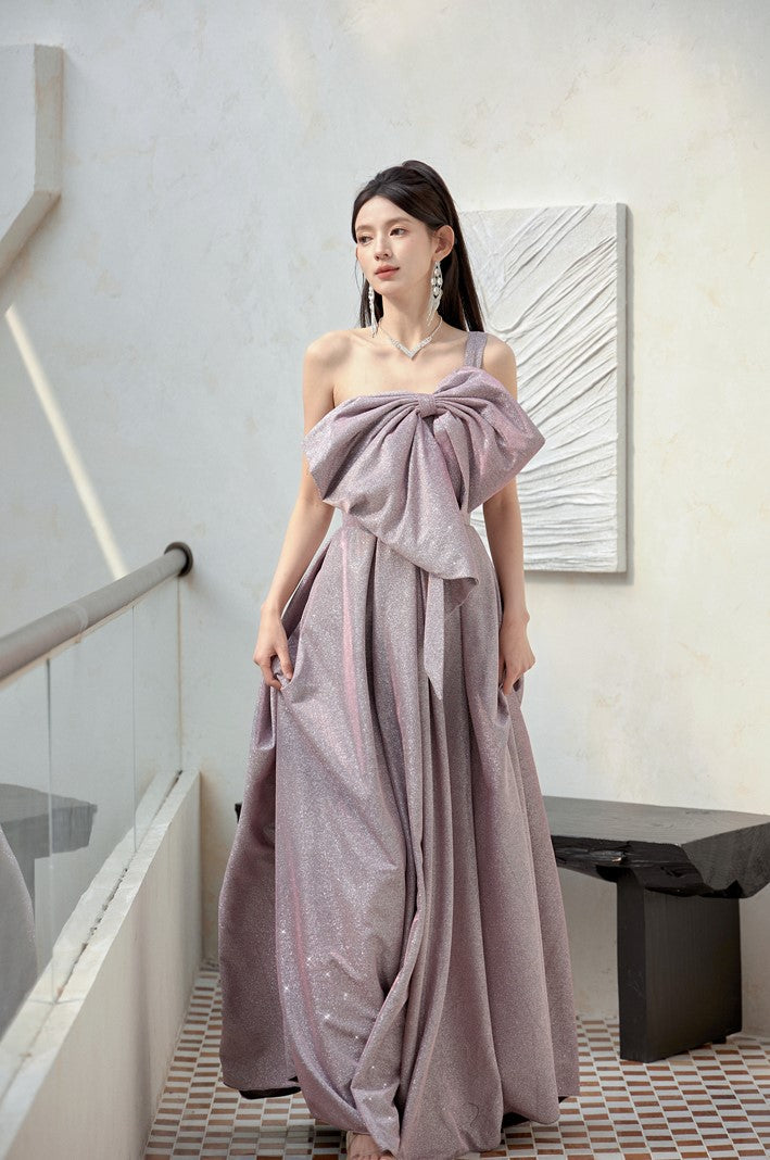 DOLLY Elegant Purple Off Shoulder Bow Sequin Long High Waist Cocktail Dress-TESSA (V)