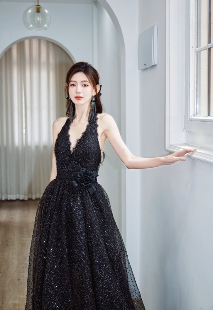 DOLLY Elegant Black French Style Polka Dot V-Neck Sleeveless Long Banquet Dress-IIENA