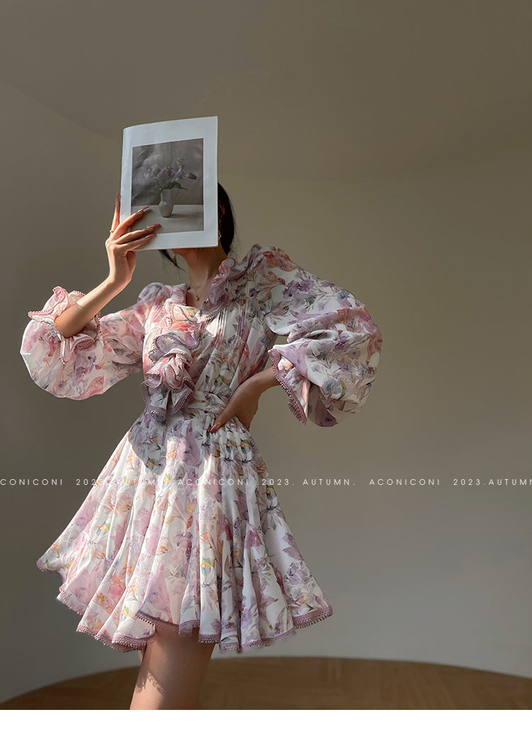 Aconiconi| High end designer printed top shirt + A-line skirt suit - Hyacinth