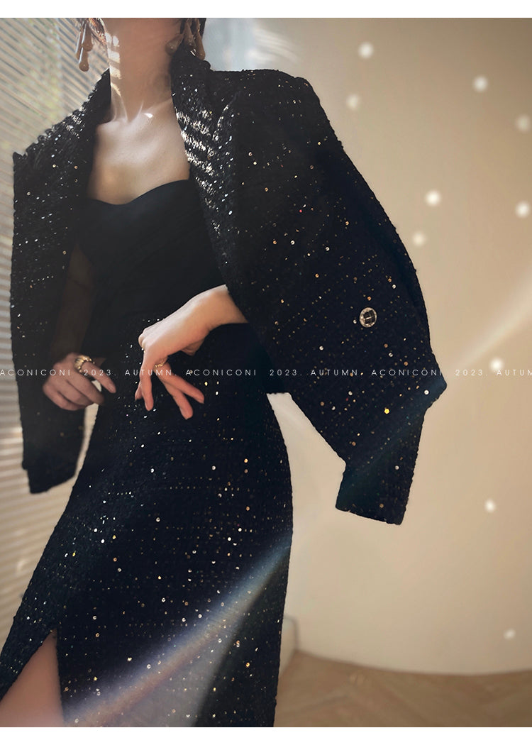 Aconiconi Tweed Sequins Fragrance Dress Skirt Loose Blazer Skirt