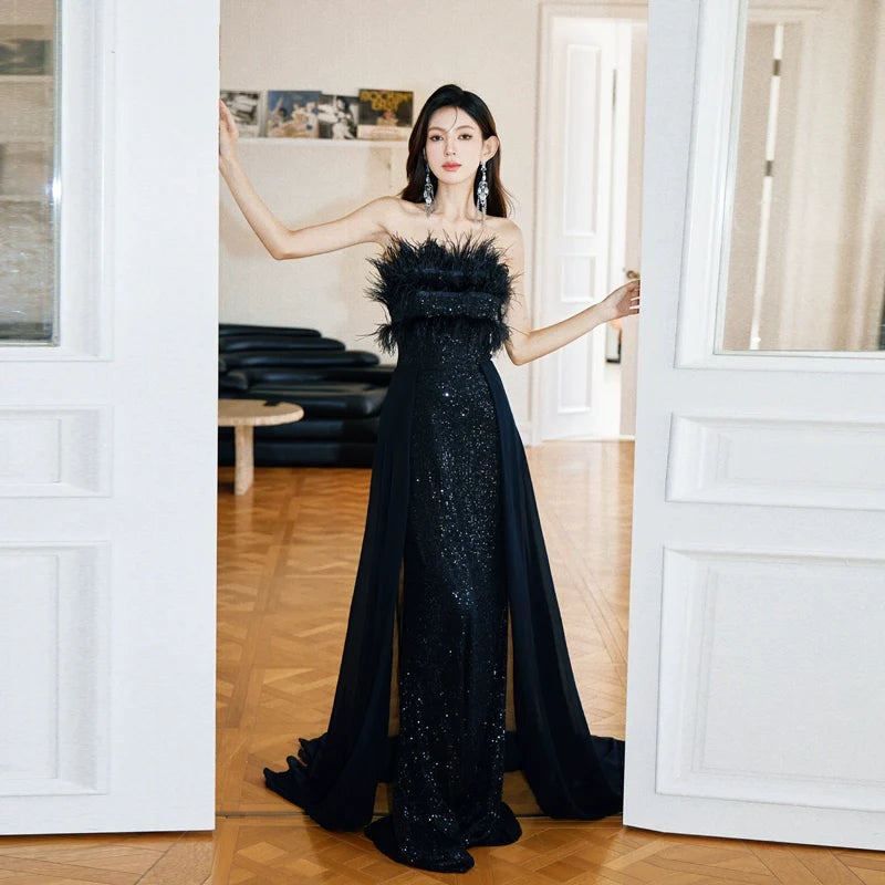 Black Lace Long Evening Dress Black DOLLY Elegant Black Sleeveless Feather Tube Top Sequin Long Cocktail Black Lace Long Evening Dress Black DOLLY Elegant Black Sleeveless Feather Tube Top Sequin Long Cocktail