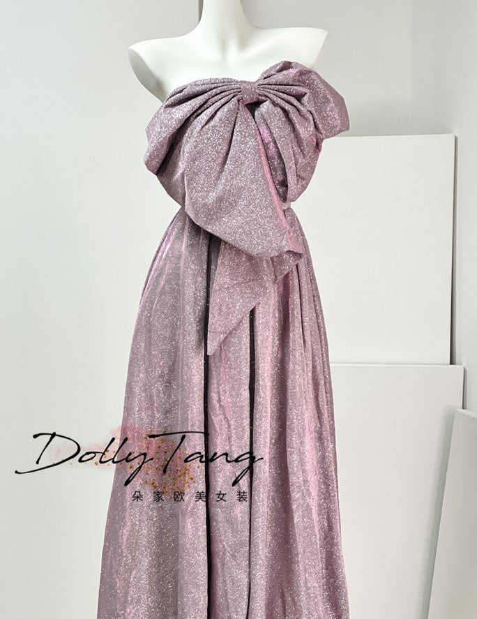 DOLLY Elegant Purple Off Shoulder Bow Sequin Long High Waist Cocktail Dress-TESSA (V)