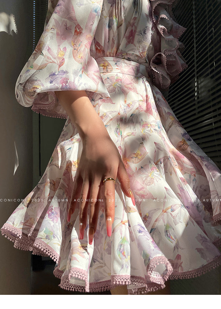 Aconiconi| High end designer printed top shirt + A-line skirt suit - Hyacinth