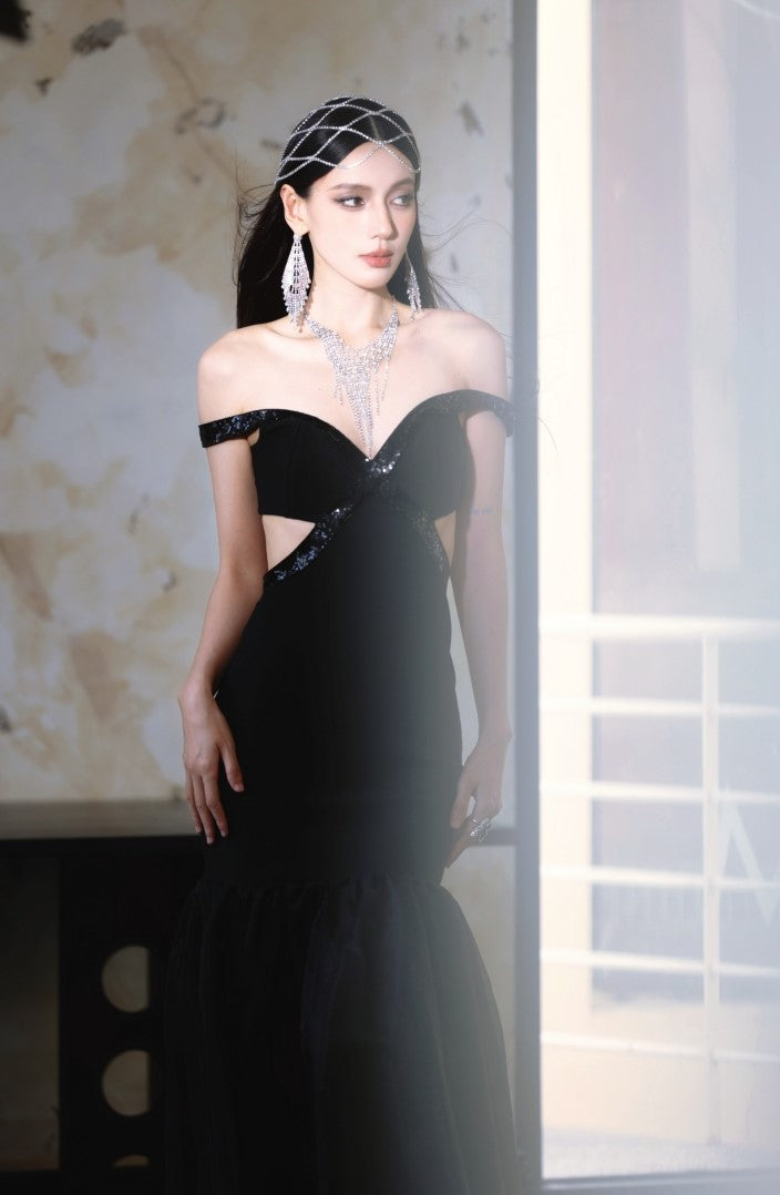 DOLLY High End Black Off Shoulder Sequin Tube Top Long Banquet Dress-Maris