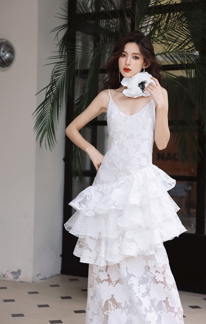 DOLLY Elegant White Flower Embroidery Lace Ruffle Layered Dinner Dress-DAISY (V)