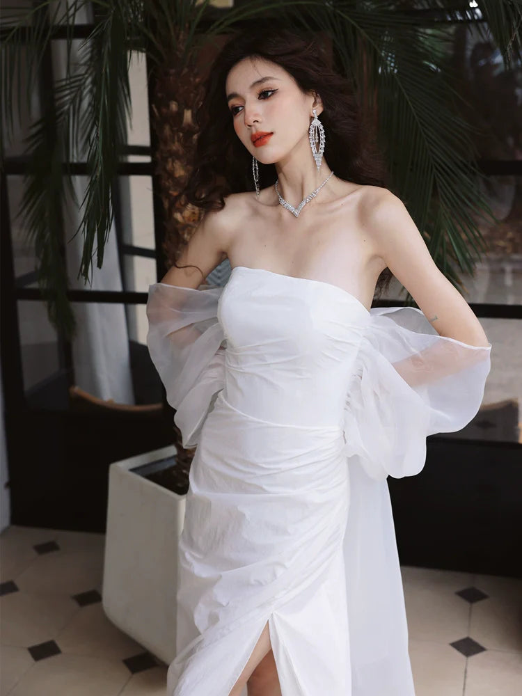 DOLLY Elegant White Off Shoulder Short Puff Sleeve High Waist Wedding Dress-NIKKA