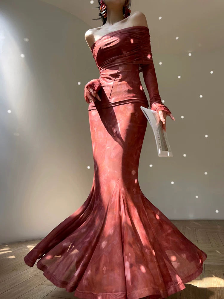 Aconiconi Luxury maxi fish Skirt Off shoulder top - Amber Sweet Tea