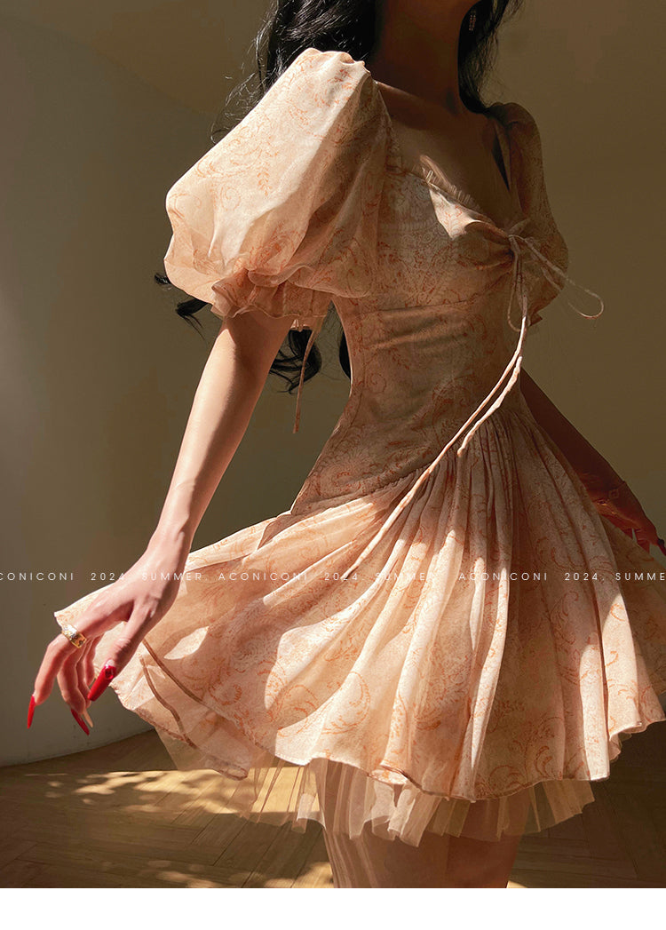 Aconiconi Elegant Heart Shaped Collar Petite Summer Short Dress- Tipsy Peach