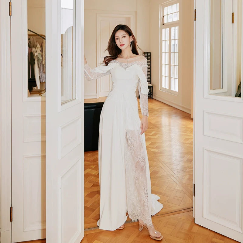 DOLLY Elegant White French Style Lace Satin Long Sleeve Wedding Dress-MEGARA L / White DOLLY Elegant White French Style Lace Satin Long Sleeve Wedding Dress-MEGARA L / White