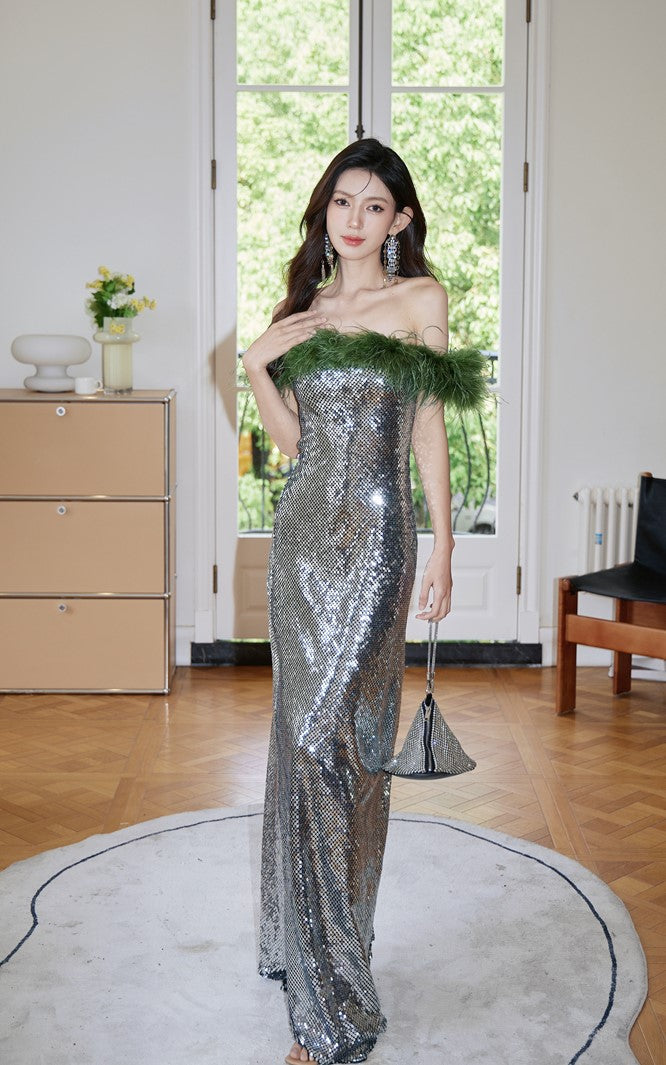 DOLLY Luxury Sliver Retro Style Green Feather Tube Top Long Glitter Party Dress-THEKLA