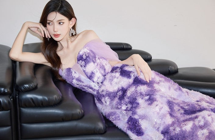 DOLLY Elegant Purple Off Shoulder Short Sleeve Print Long Loose Dress-ABUELA