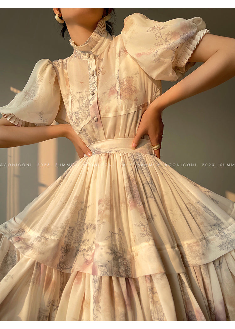 Aconiconi French puff short-sleeved shirt, tank layered printed skirt -  Kono's love letter