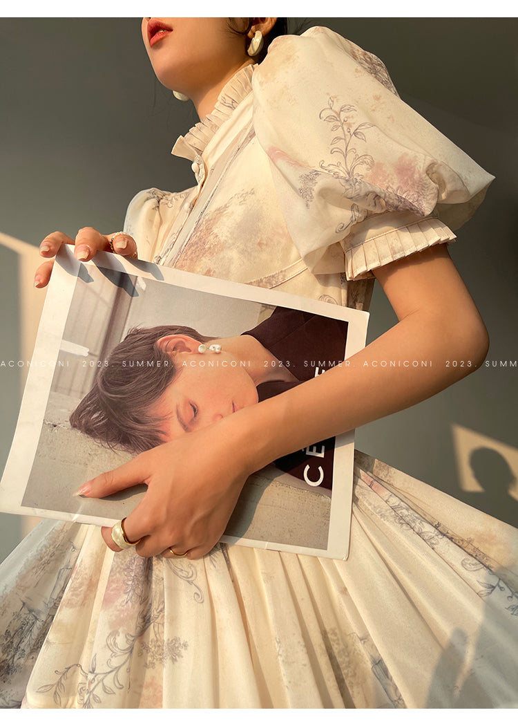 Aconiconi French puff short-sleeved shirt, tank layered printed skirt -  Kono's love letter