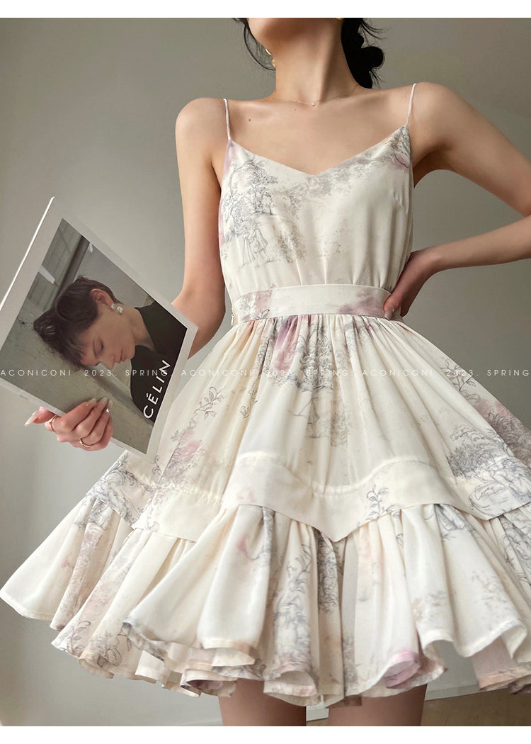 Aconiconi French puff short-sleeved shirt, tank layered printed skirt -  Kono's love letter