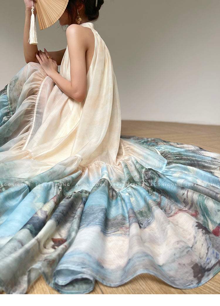 Aconiconi| Louvre Picture Reflection printed halter neck maxi skirt vacation dress - Miinia