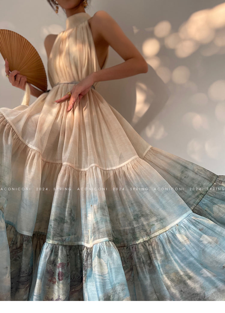 Aconiconi| Louvre Picture Reflection printed halter neck maxi skirt vacation dress - Miinia
