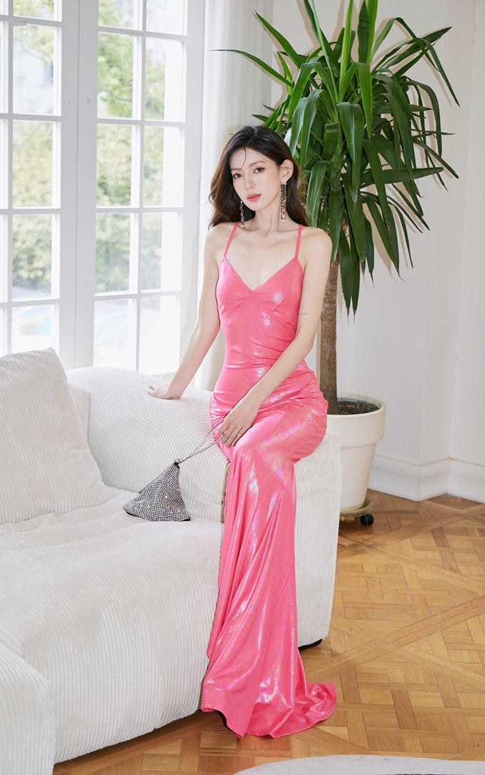 DOLLY Luxury Electric Pink Sleeveless Backless Body Hug Long Birthday Dress-SELA
