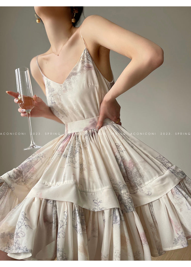 Aconiconi French puff short-sleeved shirt, tank layered printed skirt -  Kono's love letter