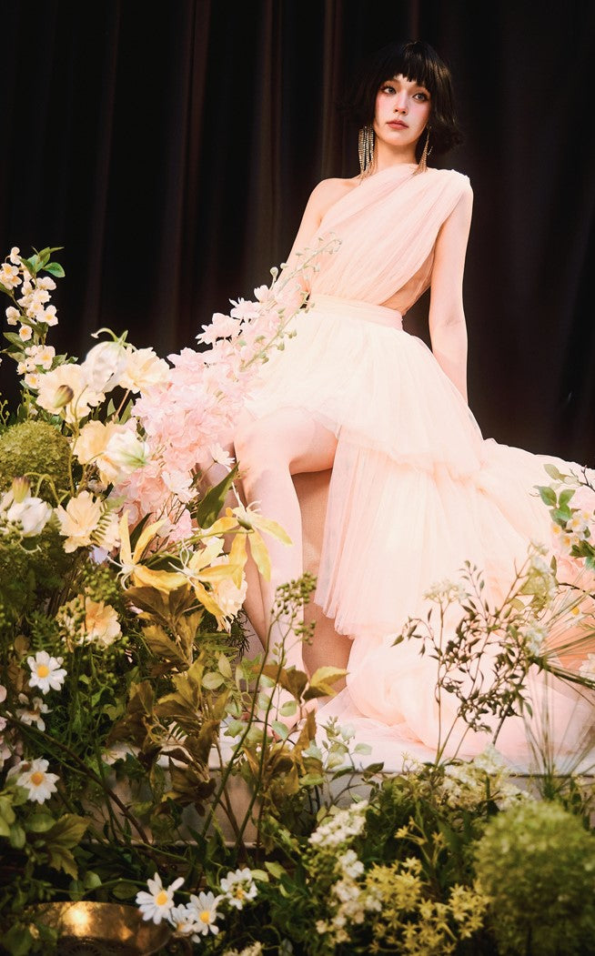 DOLLY Elegant Peach Mesh Off Shoulder Sleeveless High Waist Tutu Dress-MEDUSA (V)
