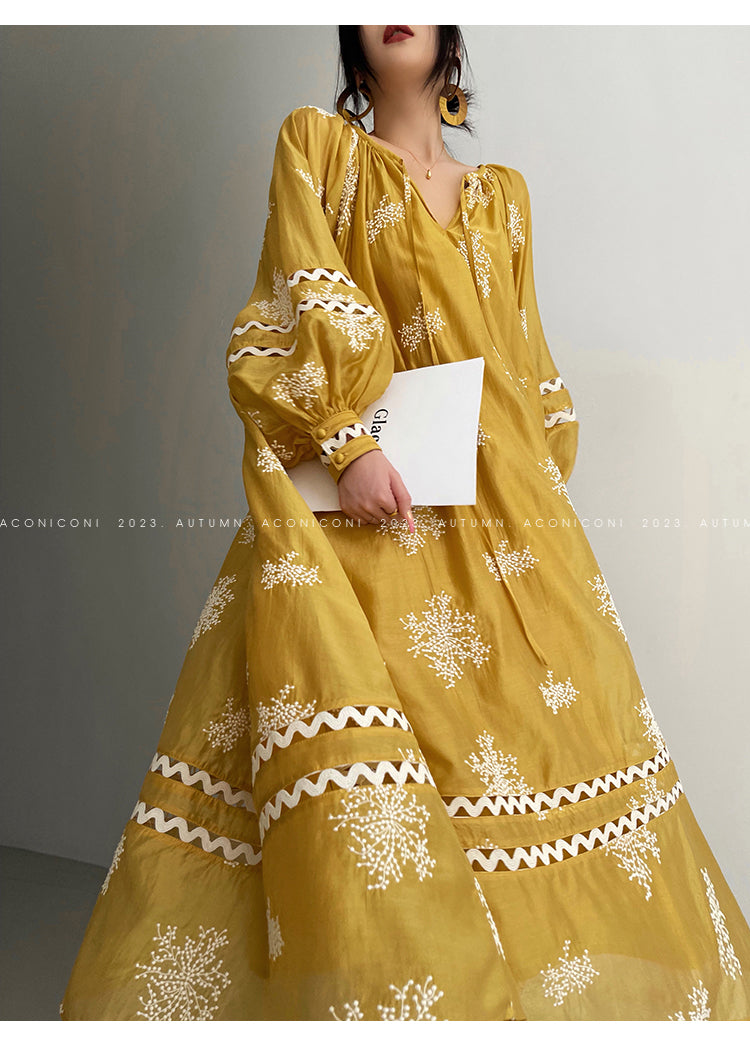 Aconiconi Light French Loose Slouchy Lace Balloon Sleeve Dress - Sunset