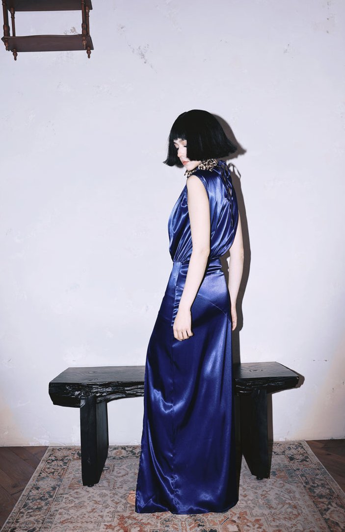 DOLLY Luxury Navy Blue Mock Neck Sleeveless Satin Long Slit Cocktail Dress-PRIYA
