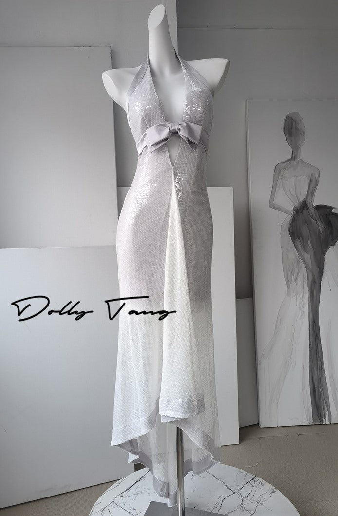 DOLLY Luxury French Style Deep V-Neck Sleeveless Sequin Fishtail Dress-Ama