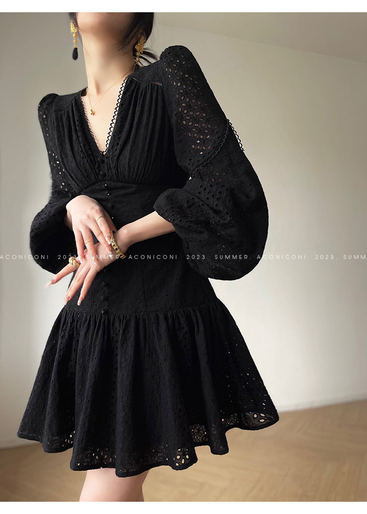 Aconiconi| French coffee break lace cotton white dress - Smoke