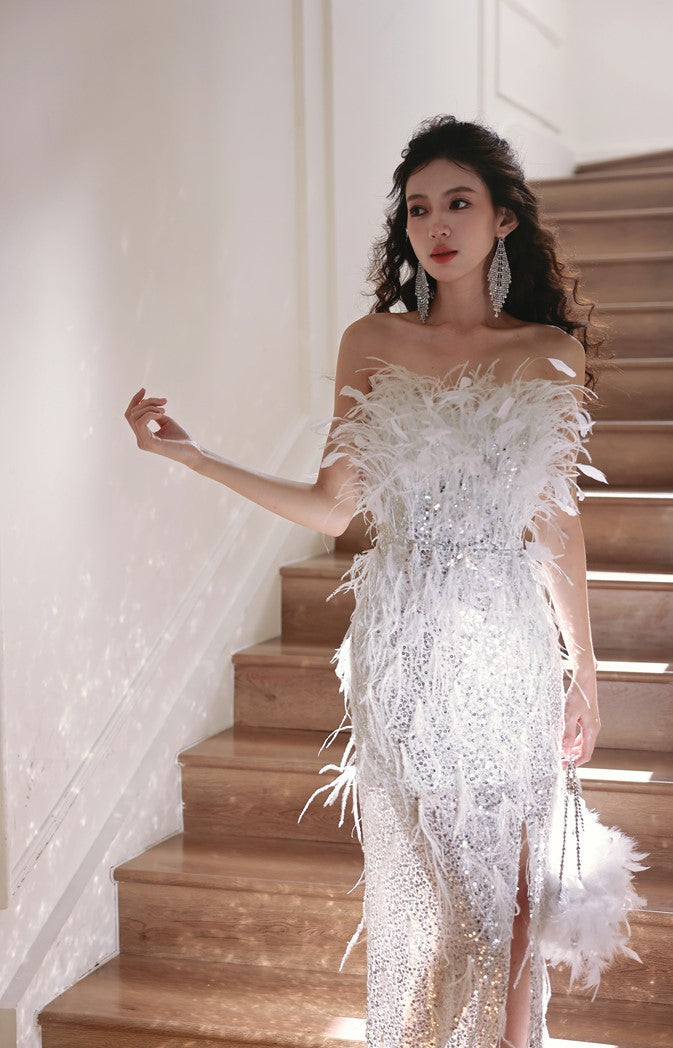 DOLLY Sliver White Feather Tube Top Long Slit Wedding Guest Dress-AGNES XS / Silver