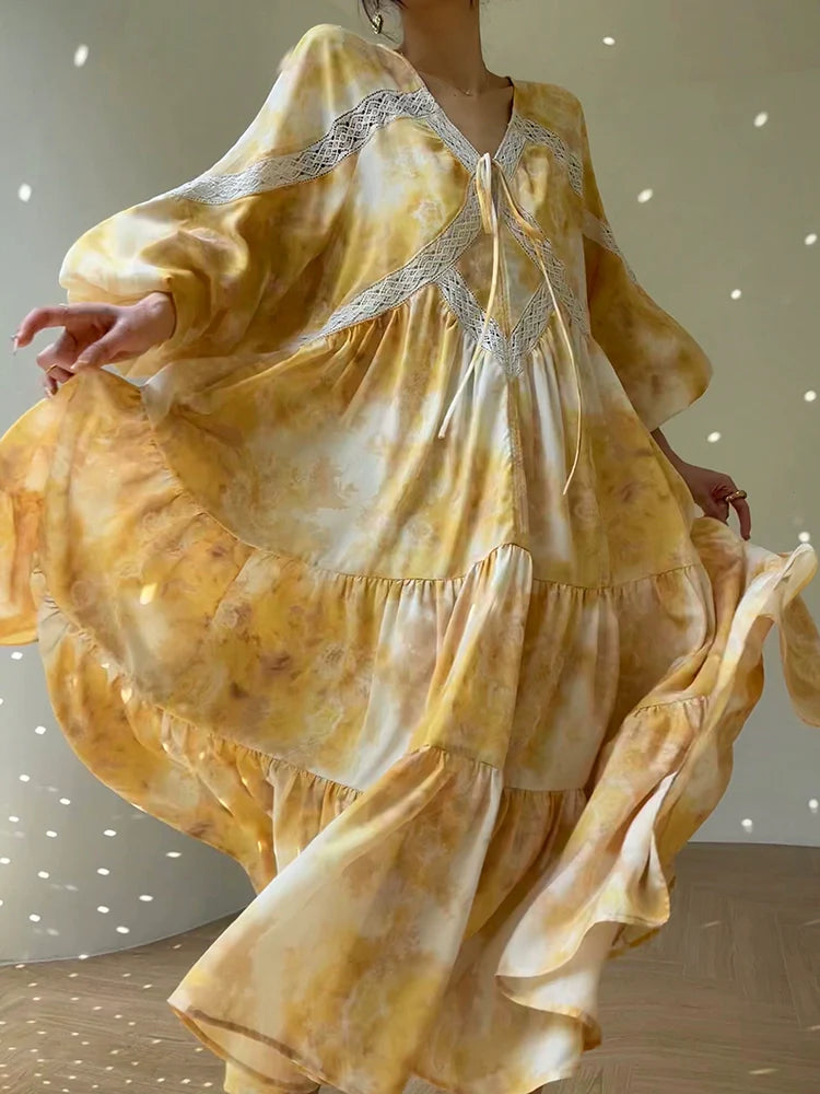 Aconiconi Luxury Yellow V-Neck Print Long Sleeve Loose Resort Dress- Huaye Mucheng