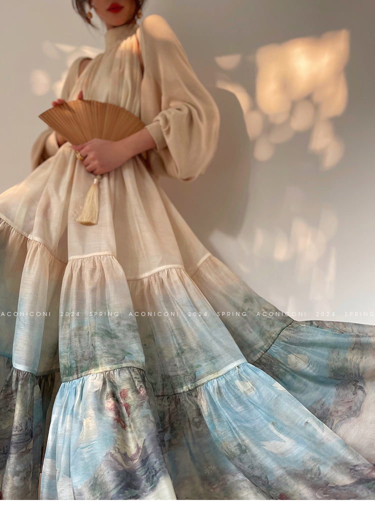Aconiconi| Louvre Picture Reflection printed halter neck maxi skirt vacation dress - Miinia