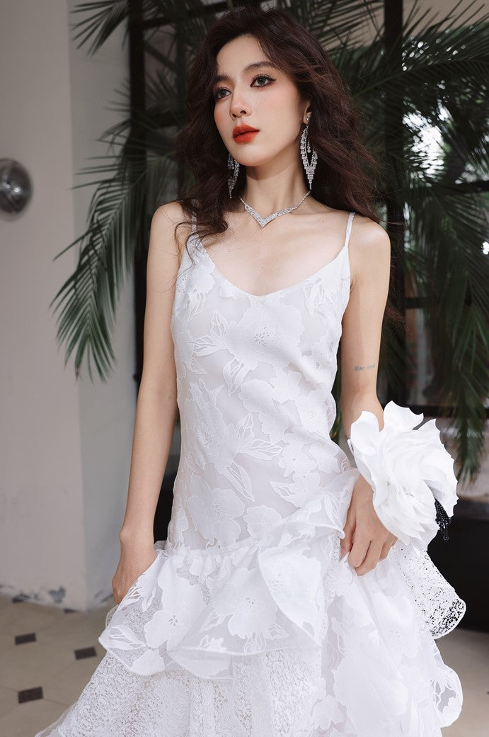 DOLLY Elegant White Flower Embroidery Lace Ruffle Layered Dinner Dress-DAISY (V)