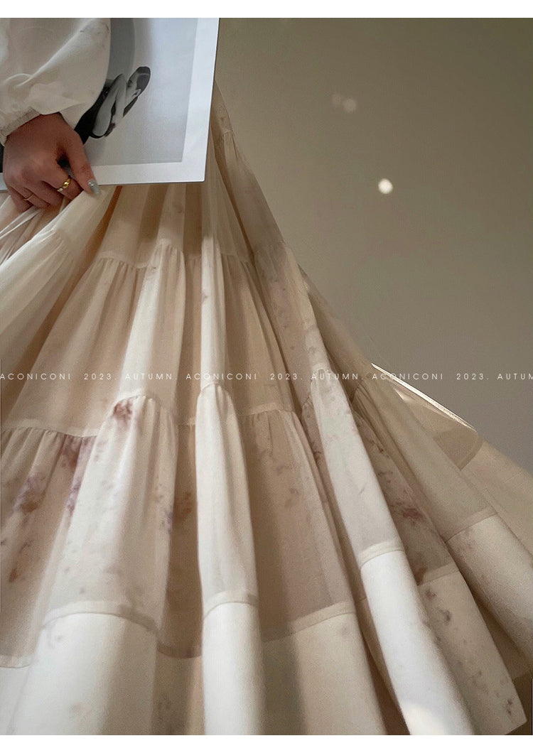Aconiconi| French print fairy vacation loose chiffon long dress - Huanxi dream