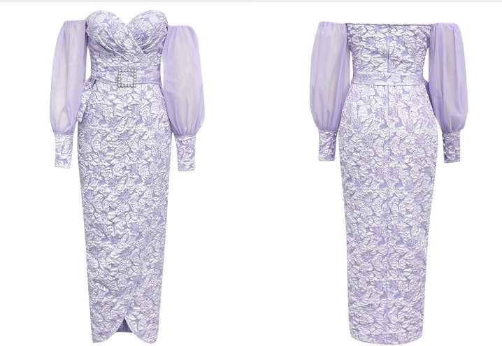 DOLLY Elegant Purple Puff Long Sleeve Off Shoulder Dinner Dress-GRISLLE