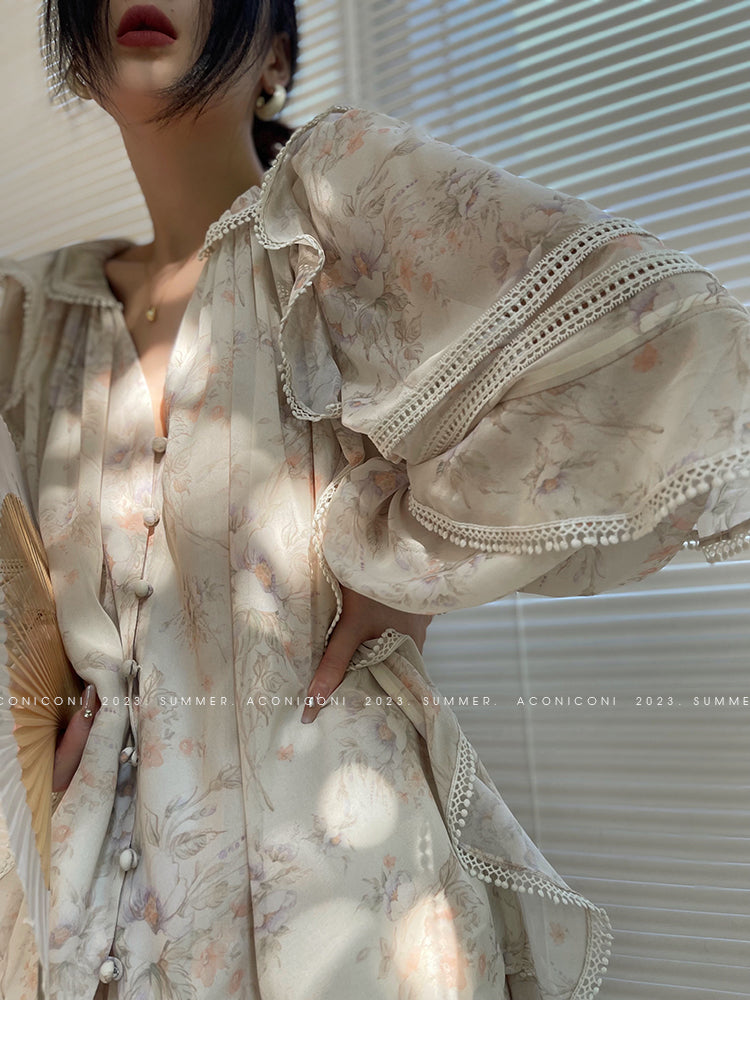 Aconiconi Elegant V-Neck Palace Sleeve Short layered  Dress-Lanshan Qimeng