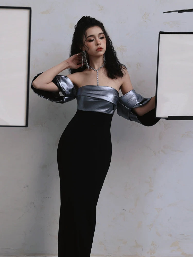 DOLLY High End Sliver/Black Off Shoulder strapless Long Cocktail Dress-MILAN