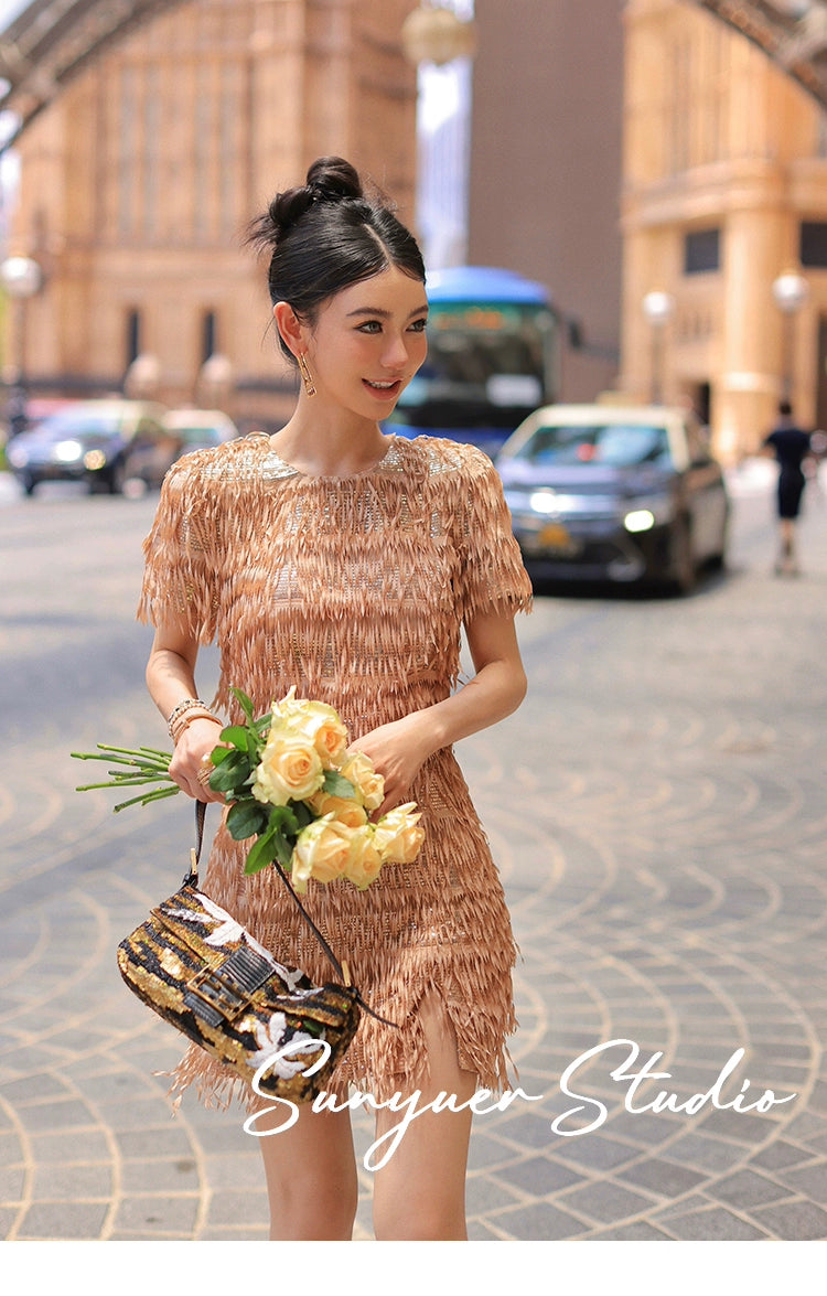 Quality Haute couture hand-cut tassel beaded pieces embroidered cocktail dress