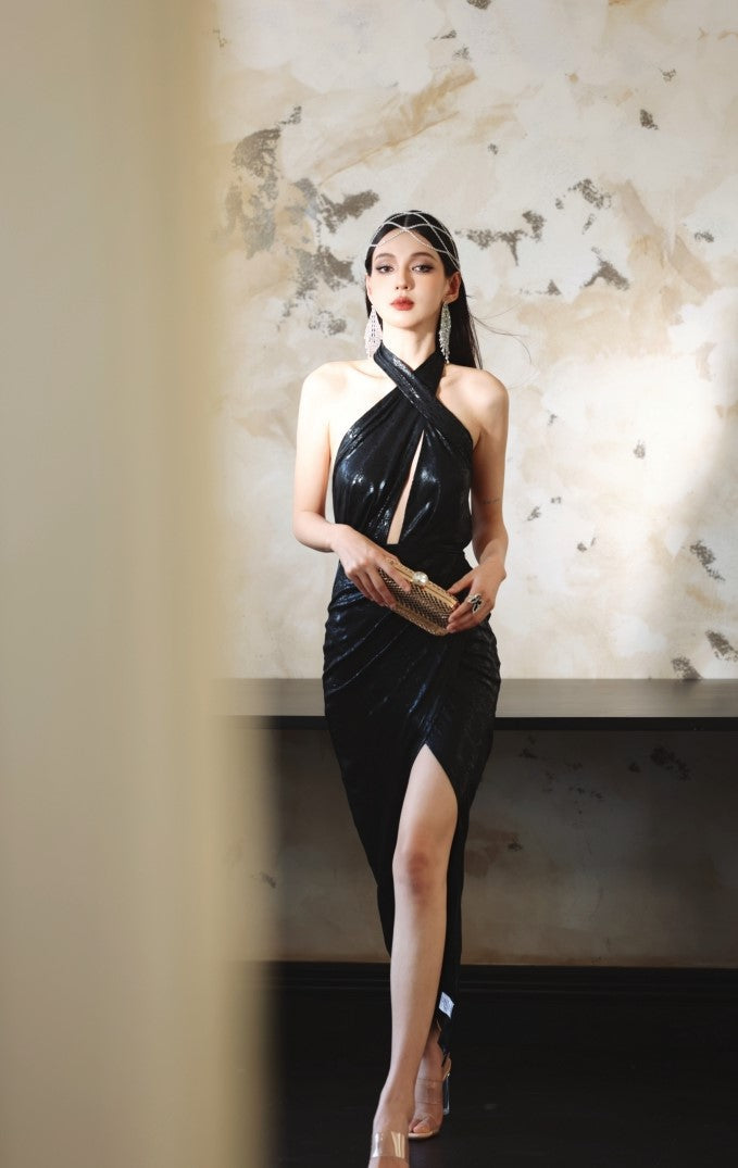 DOLLY Elegant Black Sleeveless Halter Neck Midi Slit Party Dress-Neya.