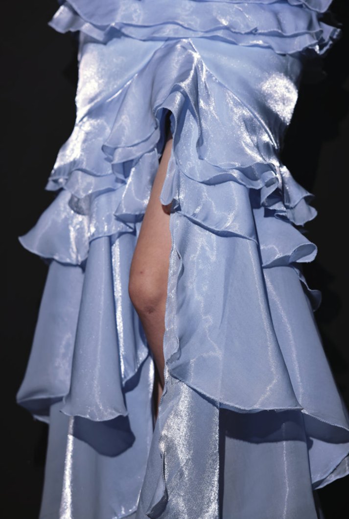 DOLLY High End Blue Chest Wrap Sleeveless Long Slit Ruffle Banquet Dress-MEHEK