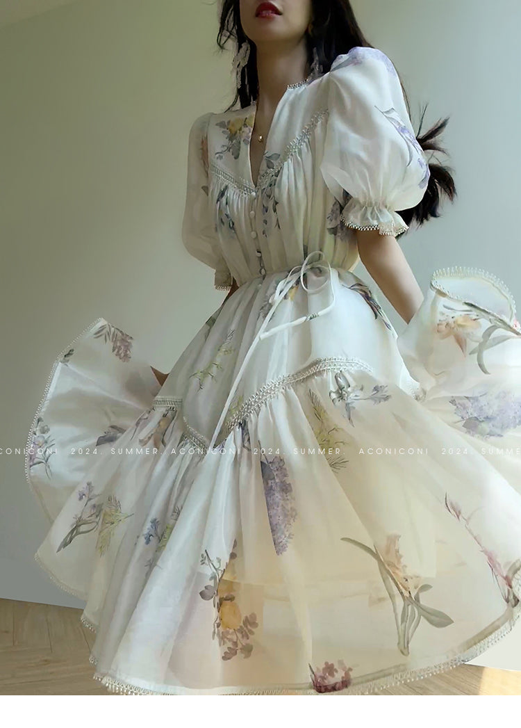 Aconiconi Elegant French Print V-Neck Puff Sleeve vacation Dress- Cloud Forest in the Flowers