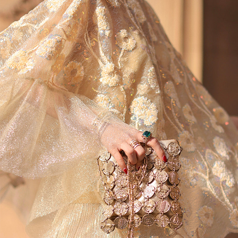 Exquisite Three-dimensional flower cape top + gilt wavy short suit set - Ilyia