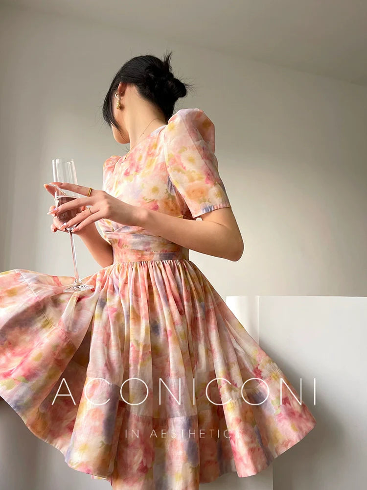 Aconiconi Luxury French Floral Print Short Sleeve High Waist A-Line Dress- Mulan