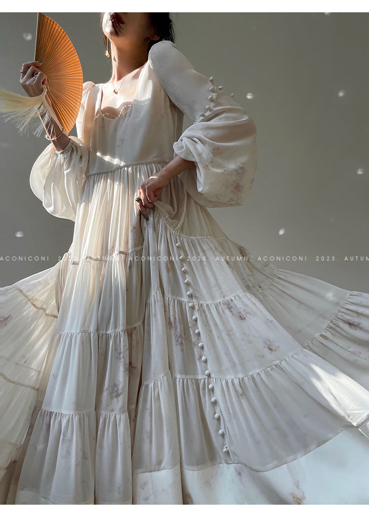 Aconiconi| French print fairy vacation loose chiffon long dress - Huanxi dream